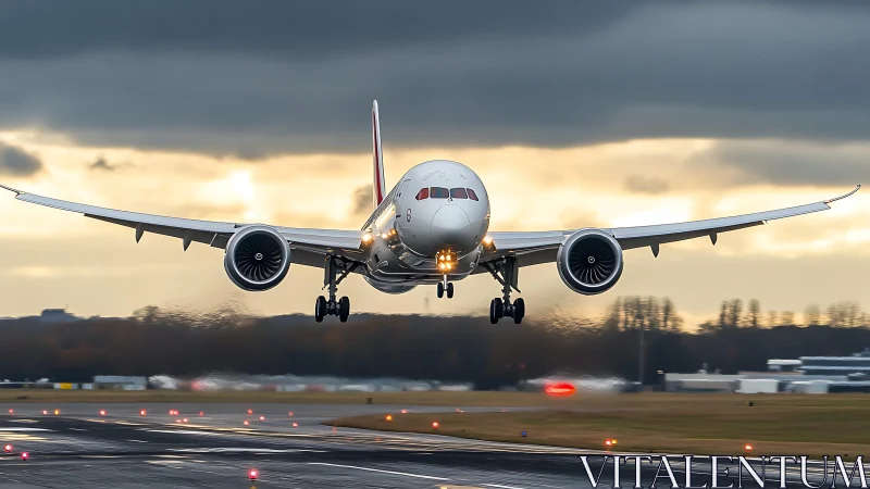 Stormlit jetliner kisses the runway in glowing twilight approach.