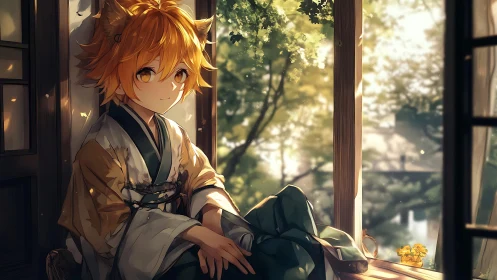 Fox-eared anime youth resting by sunny open window.