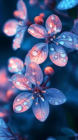Luminescent flowers glow pink and blue in dark environment