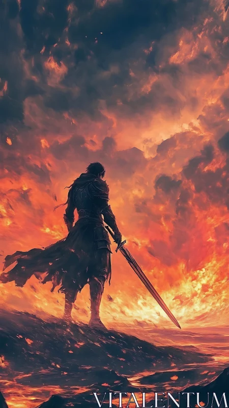 Lone emberknight surveys a molten horizon of ending fire.
