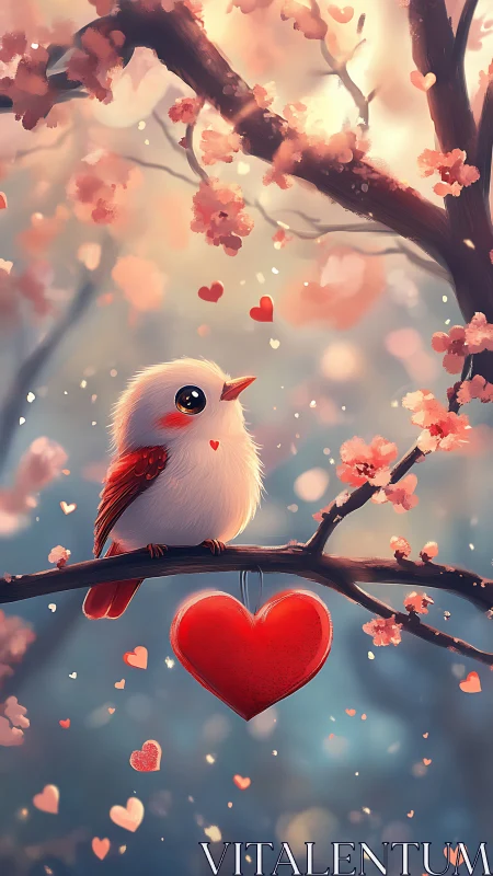 White Bird with Red Markings Perched on Branch Among Blossoms