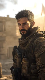 Battle-hardened soldier bathed in fierce desert sunlight.