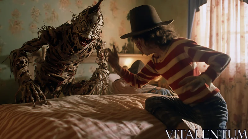 Grotesque bedroom monster confronting striped child figure