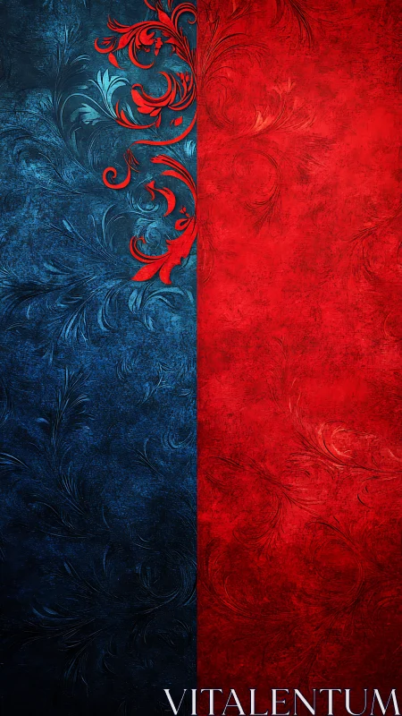 Bold red and blue flourish design with elegant textures.