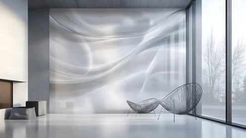 Minimalist interior with abstract wall and wireframe chairs.