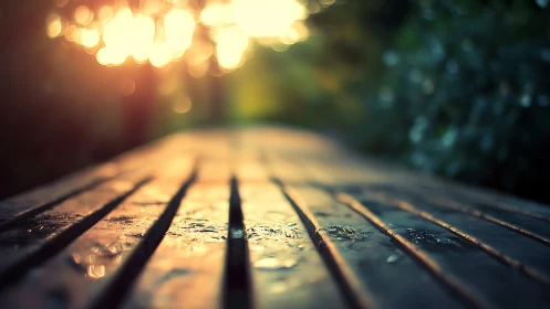 Low-angle wet bench with sunset bokeh depth-of-field study.