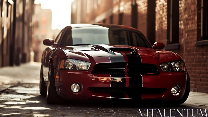 Red muscle car with black racing stripes dominates alleyway