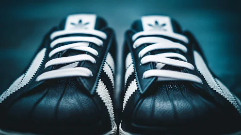 Close-up black and white sneakers with bold laces.