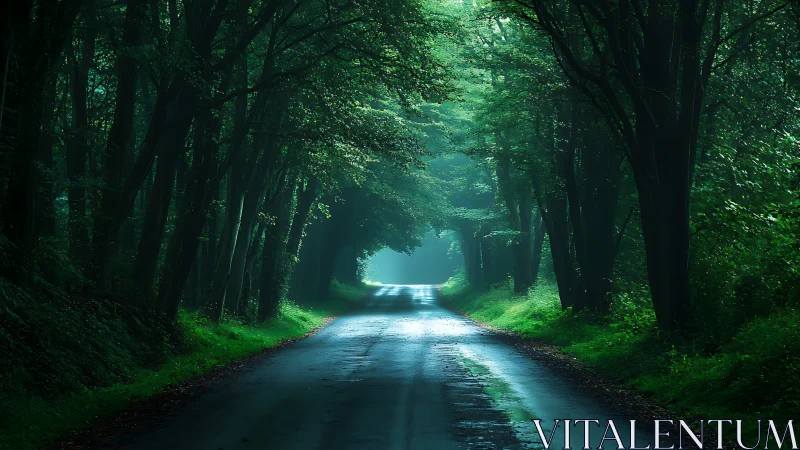 Wet Forest Road Beneath Towering Trees with Ethereal Light