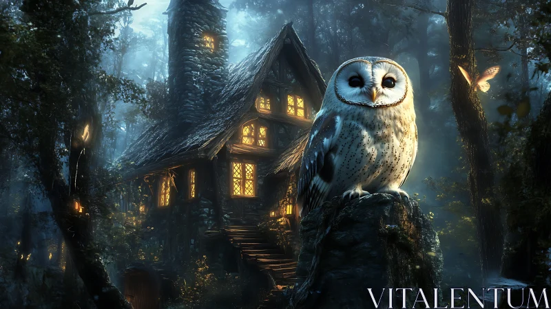 Moonlit forest owl guarding a crooked lantern-lit cottage.