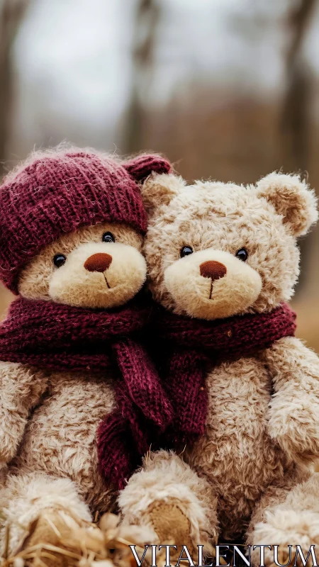 Cozy teddy bear friends share warm scarves on a chilly day