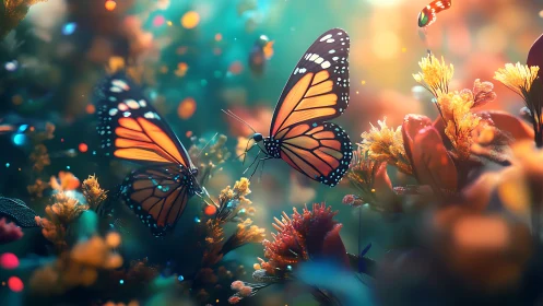 Gentle monarch butterflies drifting through glowing garden light.