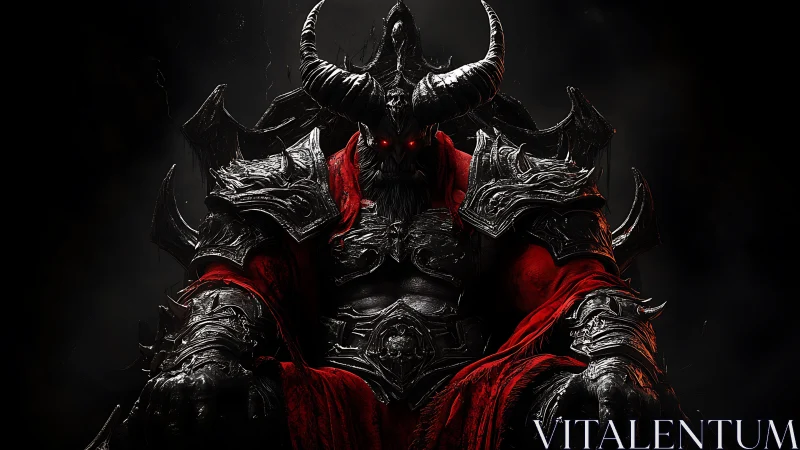 Demonic warlord on throne in crimson and obsidian armor.