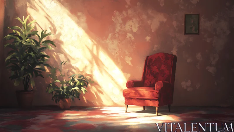 Red upholstered armchair and potted plants in soft sunlight.