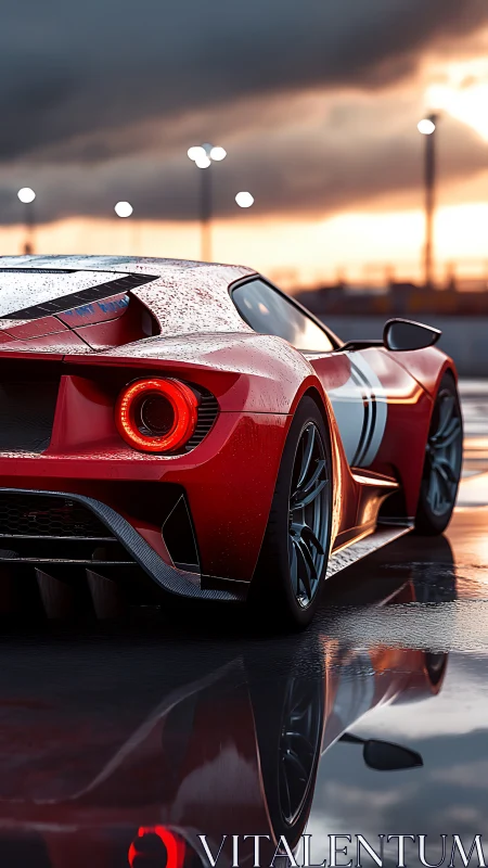 Red supercar glows on wet racetrack at dramatic sunset.