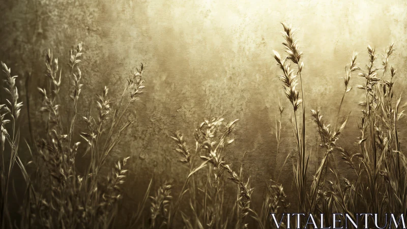 Sepia-toned wild grasses against textured illuminated wall plane