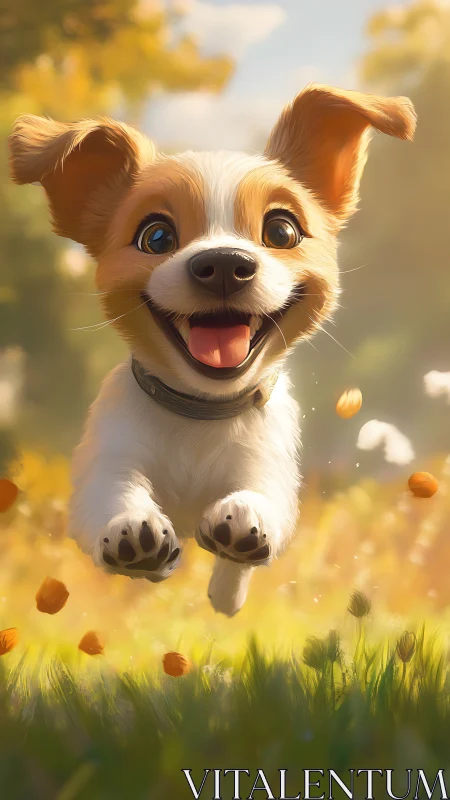 Sunlit puppy sprinting through a dreamy meadow of joy.