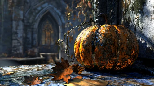 Weathered pumpkin in moody gothic courtyard light.