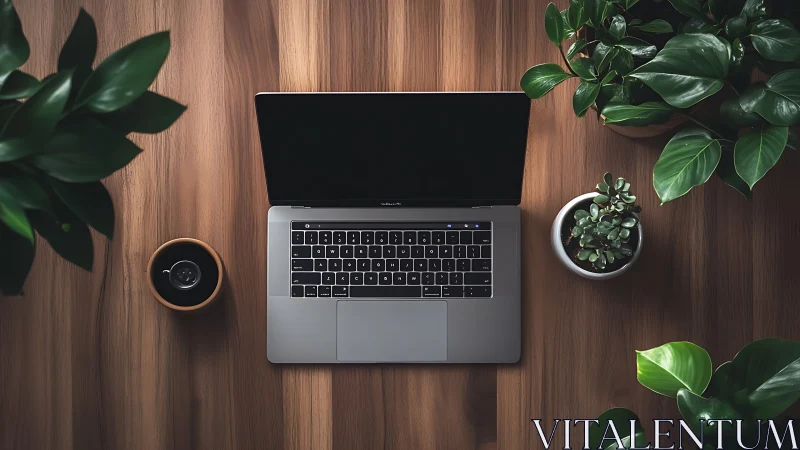 Photorealistic workspace with laptop and structured foliage balance.