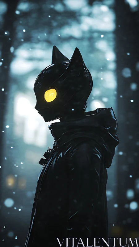 Anthropomorphic cat-helmet figure in snowy backlit forest scene