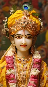 Divine idol portrait in yellow attire with ornate gemstone crown.