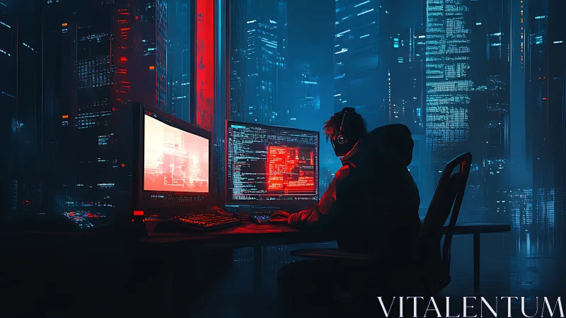 Hacker at dual monitors operates in neon-lit cyberpunk skyline node