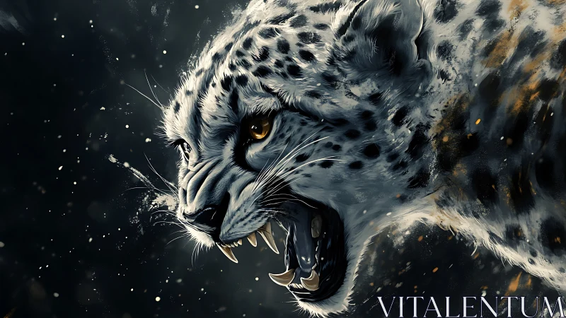 Snow Leopard Portrait with Open Mouth and Atmospheric Particles