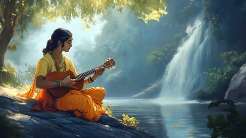 Young musician in yellow plays guitar by bright waterfall.