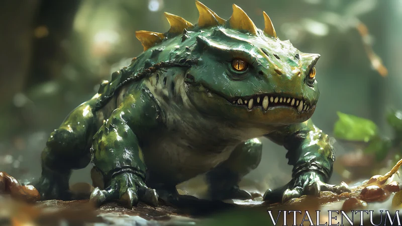 Forest lizard beast prowls softly with glowing golden eyes