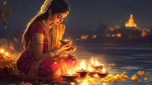 Riverbank prayers drift as golden diyas whisper to night