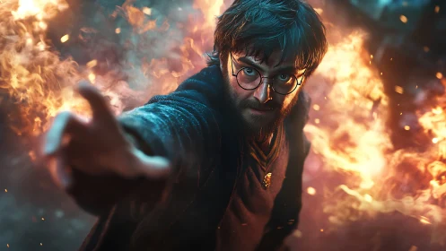 Fiery wizard reaches forward amid swirling sparks of magic