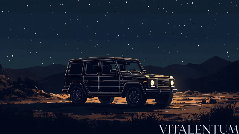 Boxy offroad SUV rests under clear starry desert sky.