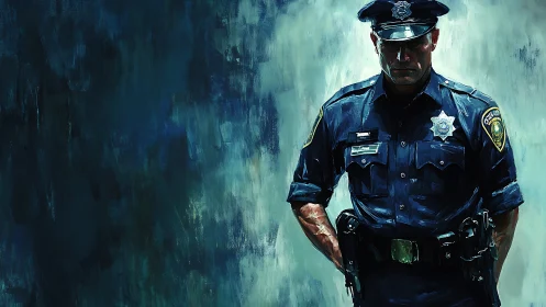 Uniformed police officer against abstract painted backdrop.