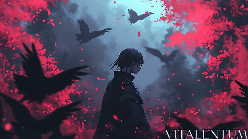 Solitary anime figure stands amid crimson crows and petals.