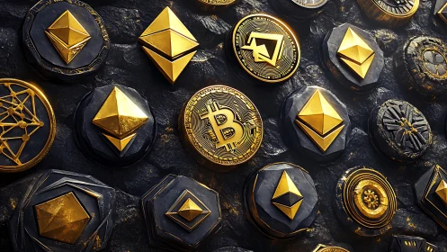 3D metallic crypto coin wall with faceted gold emblems.
