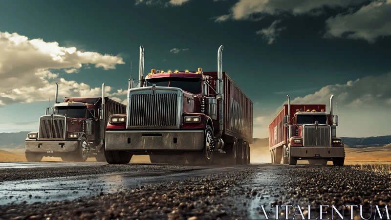 Rolling convoy of red trucks under a stormy open sky.