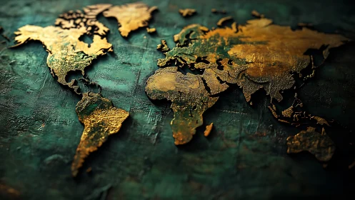Golden textured world map glowing on deep teal background.
