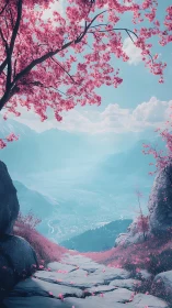 Digital painting of alpine valley under pink blossom canopy.