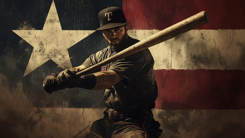 Baseball batter in mid-swing against distressed US flag backdrop