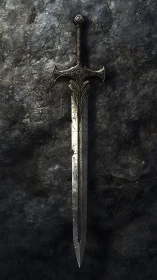 Ornate two handed longsword on textured stone background.