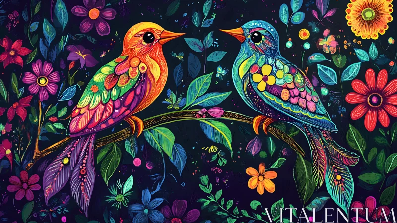 Two Vibrant Birds on Floral Branch in Colorful Folk Art Style.