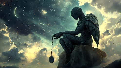 Biomechanical angel statue contemplates a suspended celestial timepiece