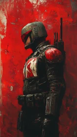 Armored sci fi soldier stands in profile against red wall