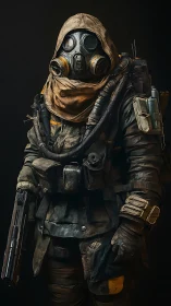 Postapocalyptic soldier in gas mask with tactical gear.