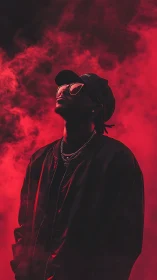 Moody portrait in red smoke with reflective sunglasses.