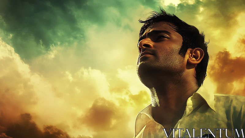 Cinematic low-angle portrait against dramatic cloudscape lighting.