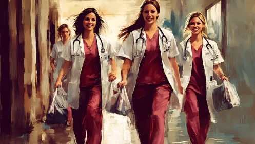 Confident Female Doctors Walking in Hospital, Painterly Digital Art.