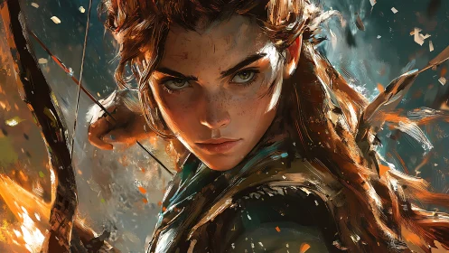 Female archer portrait in dynamic digital brushwork style.