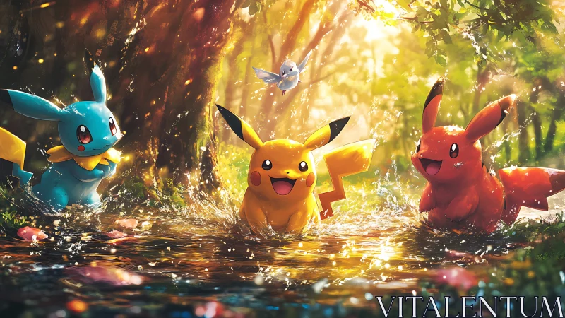 Colorful electric creatures playing in bright forest stream.