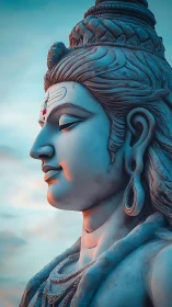 Monumental blue-toned stone deity profile at dusk.